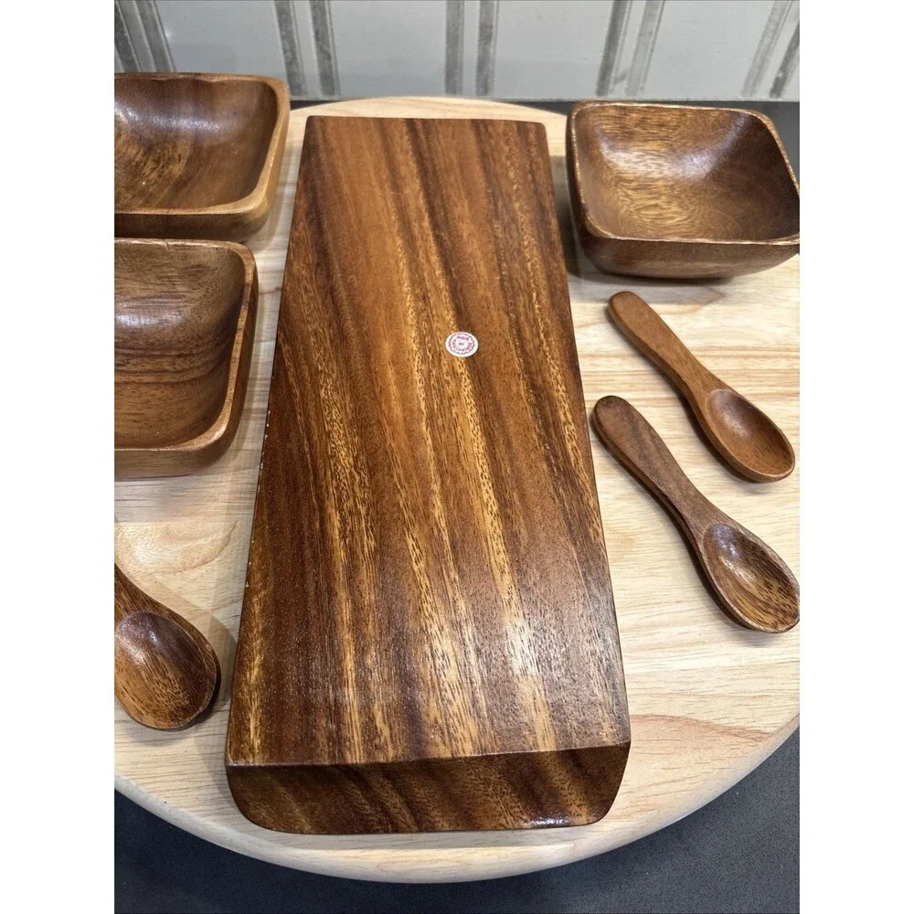Monkey Pod Wood Set 3 Square Snack Dipping Bowls with Spoons and Tray Vtg MCM